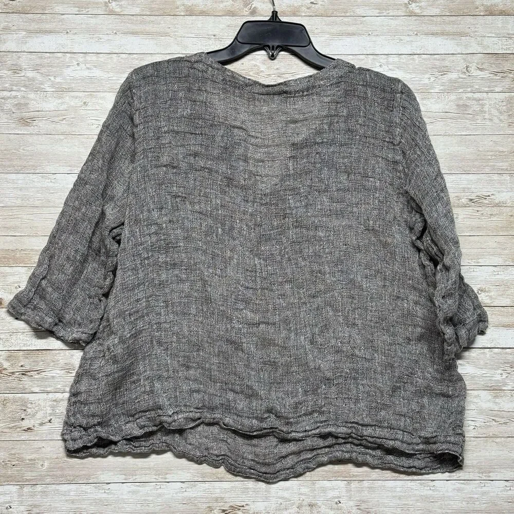 J Jill Purejill Linen Gray White Blouse Shirt Womens 1X 100% Linen Short Sleeve